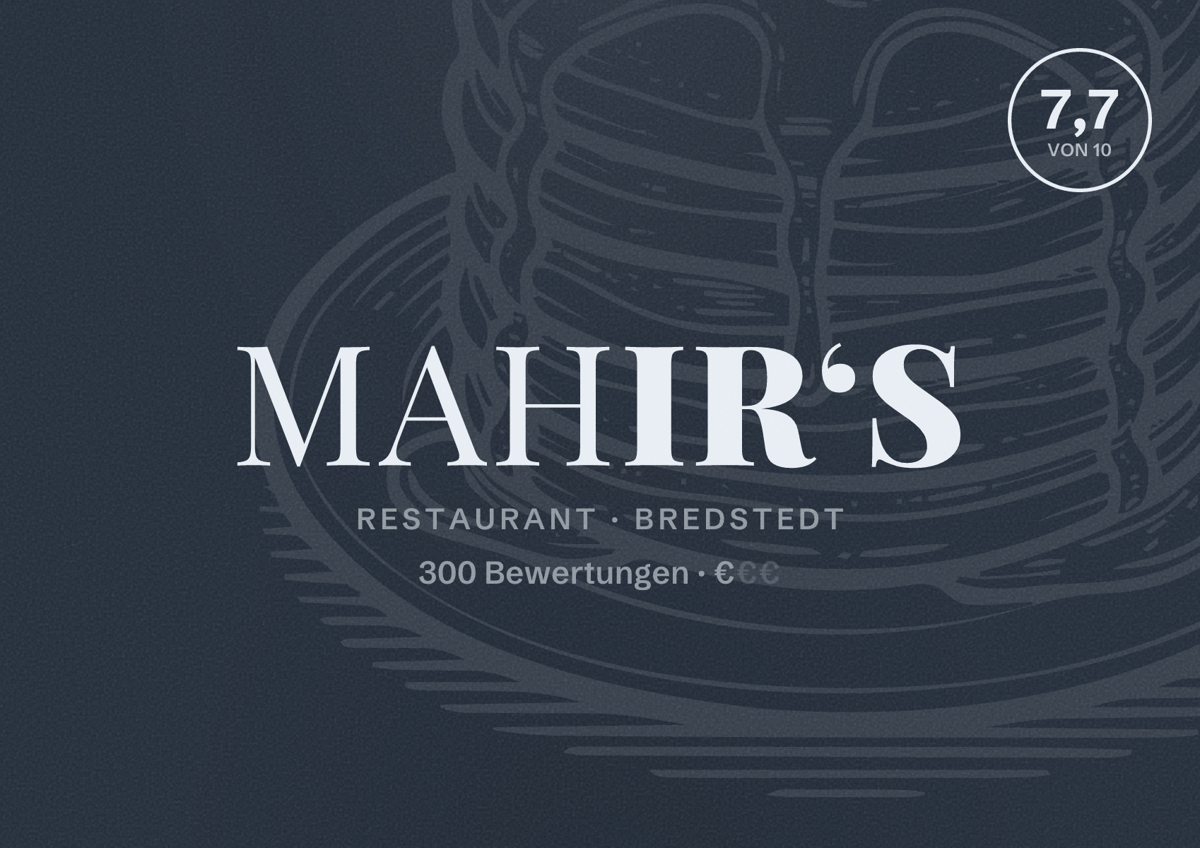 Illustriertes Poster von Mahir‘s, Restaurant in Bredstedt: Bewertung 7,7 von 10 aus 300 Bewertungen, Preisniveau €