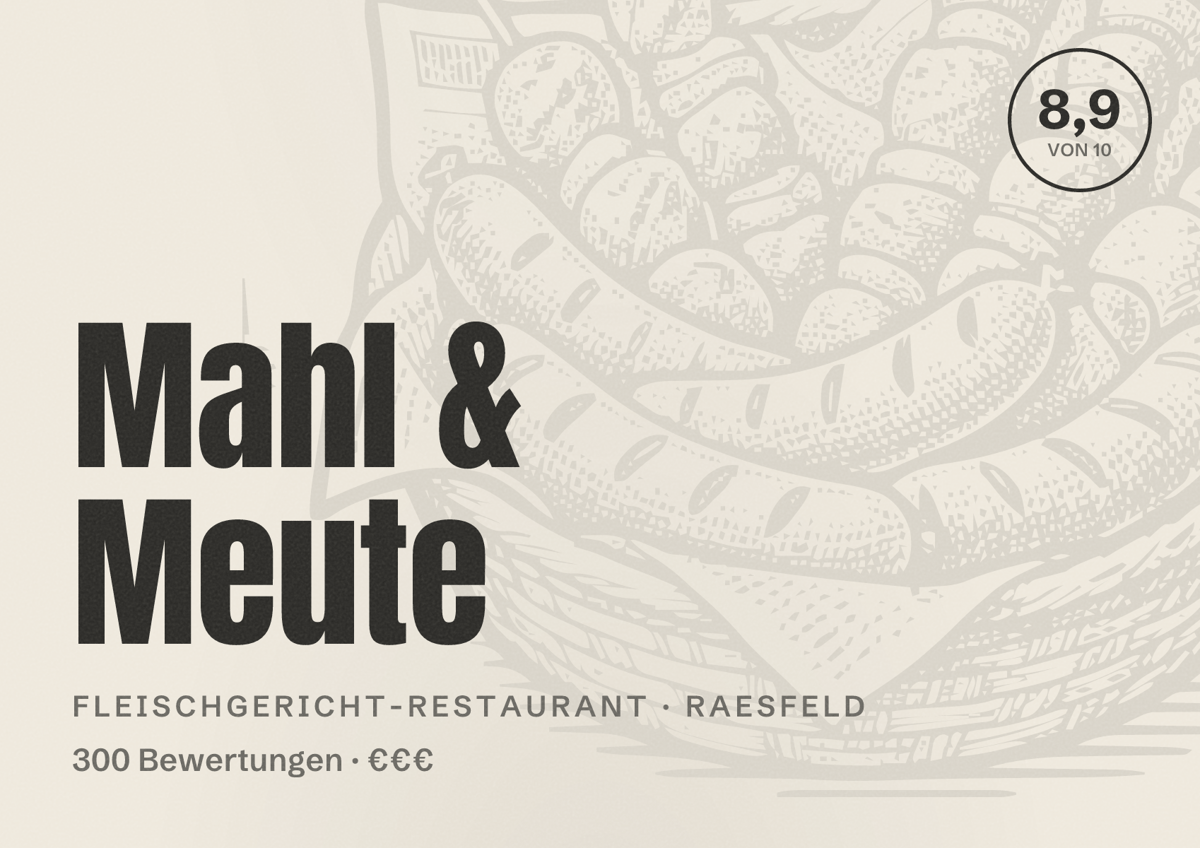Illustriertes Poster von Mahl & Meute, Fleischgericht-Restaurant in Raesfeld: Bewertung 8,9 von 10 aus 300 Bewertungen, Preisniveau €€€