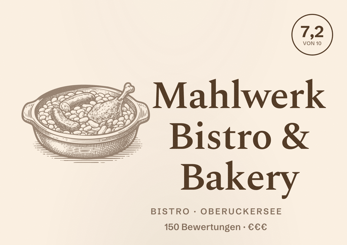 Illustriertes Poster von Mahlwerk Bistro & Bakery, Bistro in Oberuckersee: Bewertung 7,2 von 10 aus 150 Bewertungen, Preisniveau €€€