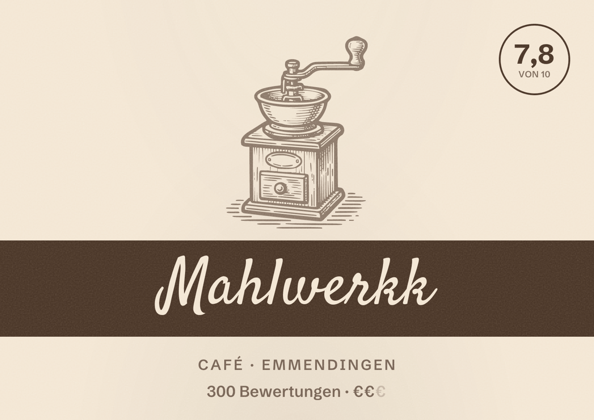 Illustriertes Poster von Mahlwerkk, Café in Emmendingen: Bewertung 7,8 von 10 aus 300 Bewertungen, Preisniveau €€