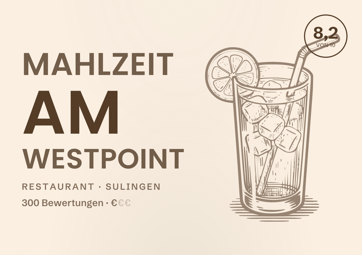 Illustriertes Poster von Mahlzeit am Westpoint, Restaurant in Sulingen: Bewertung 8,2 von 10 aus 300 Bewertungen, Preisniveau €