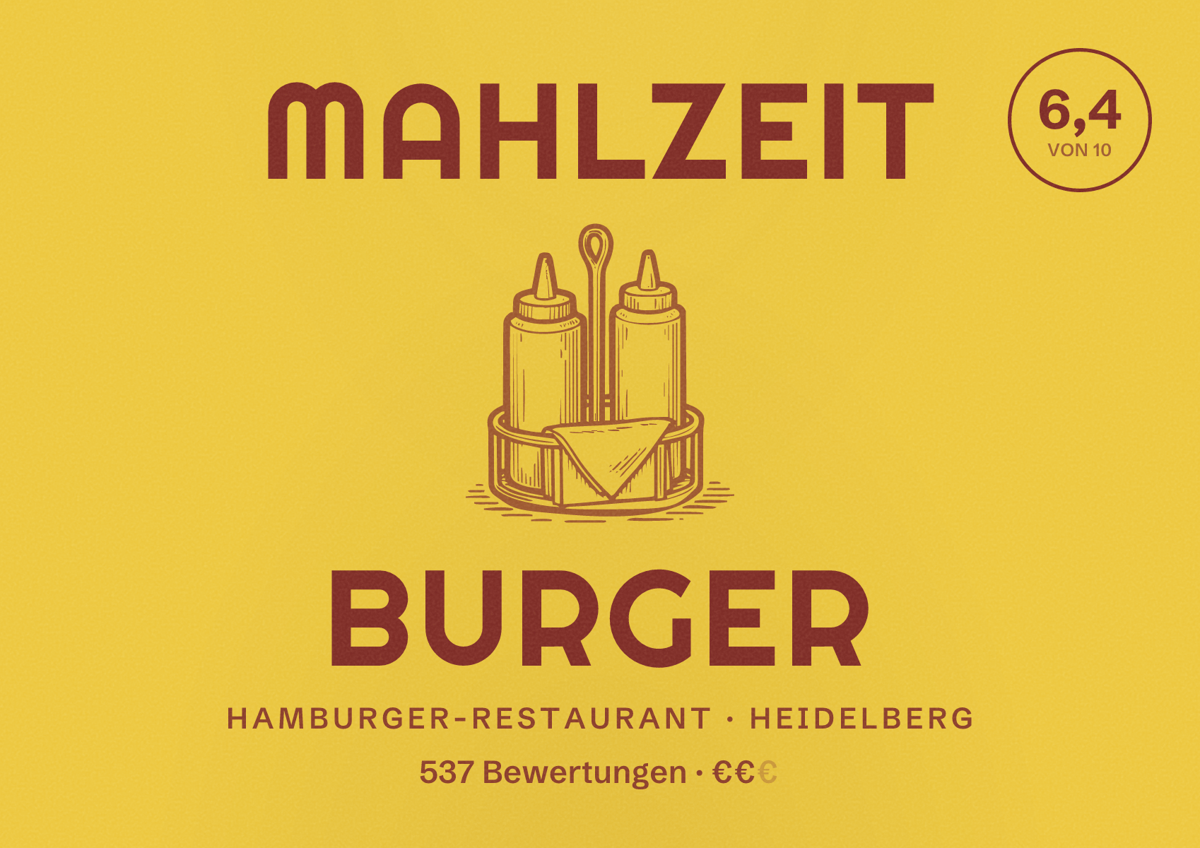Illustriertes Poster von Mahlzeit Burger, Hamburger-Restaurant in Heidelberg: Bewertung 6,4 von 10 aus 537 Bewertungen, Preisniveau €€