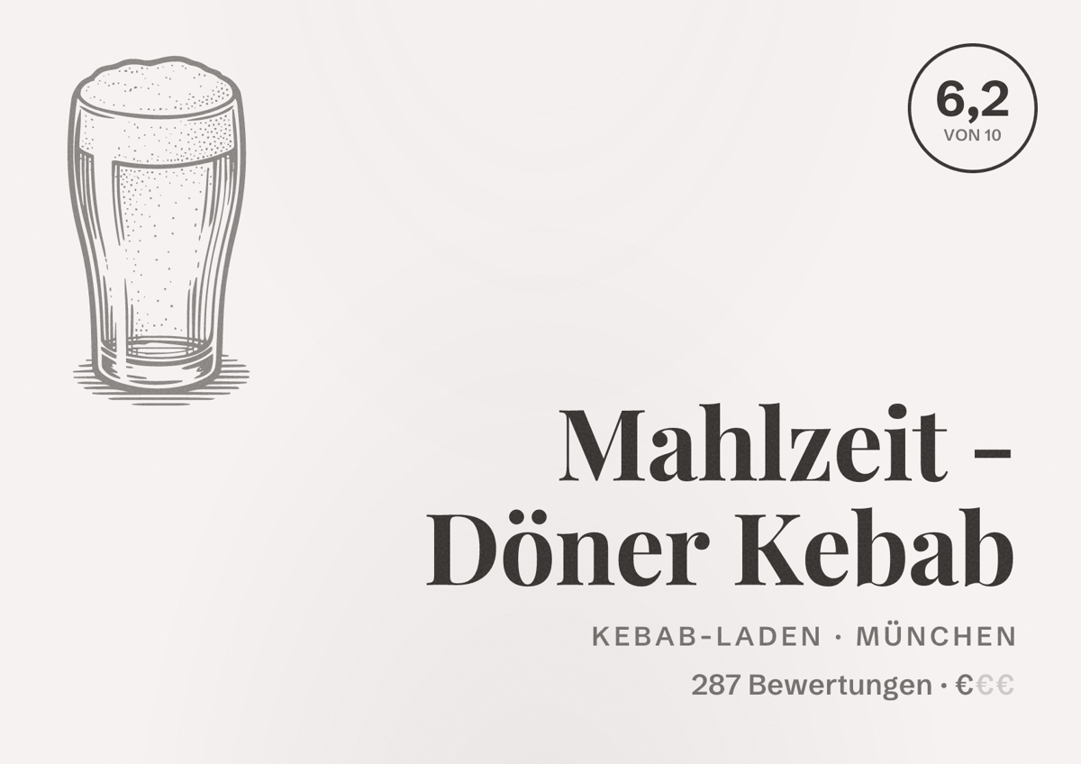 Illustriertes Poster von Mahlzeit - Döner Kebab, Kebab-Laden in München: Bewertung 6,2 von 10 aus 287 Bewertungen, Preisniveau €