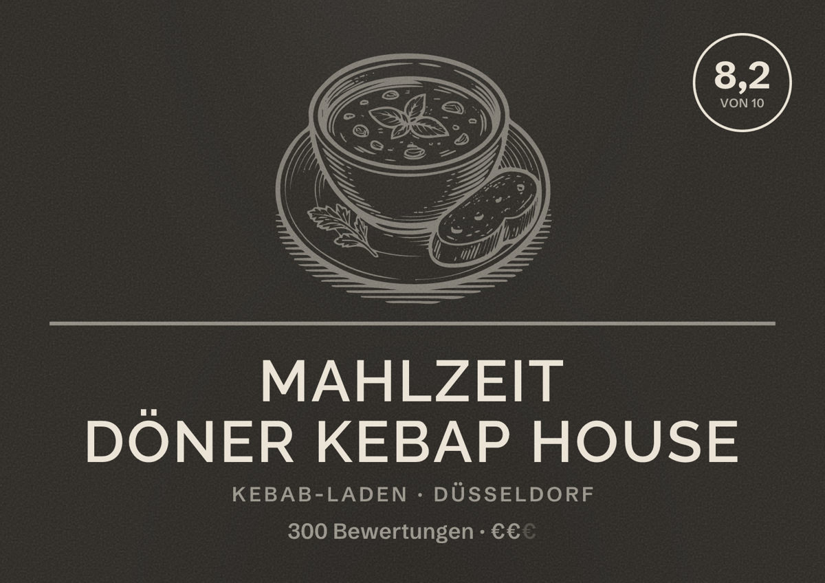 Illustriertes Poster von Mahlzeit Döner Kebap House, Kebab-Laden in Düsseldorf: Bewertung 8,2 von 10 aus 300 Bewertungen, Preisniveau €€