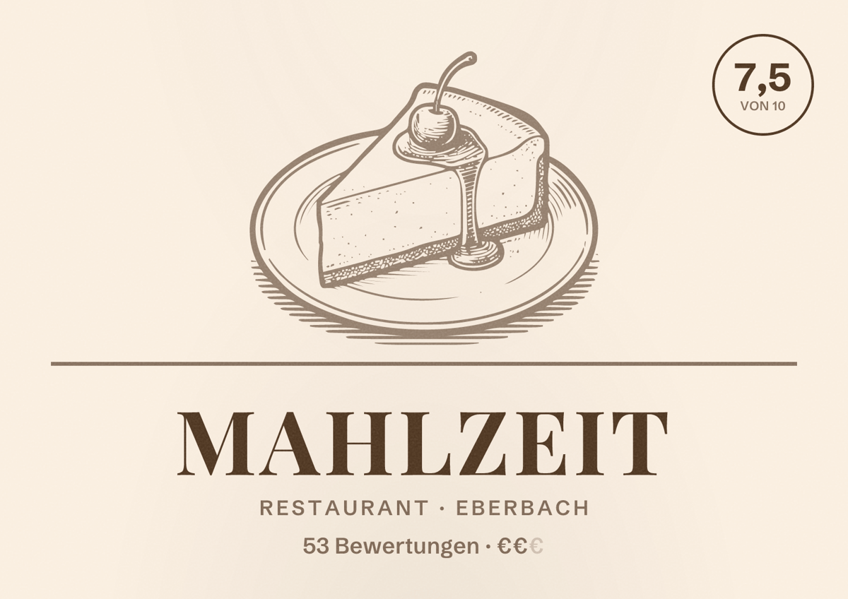 Illustriertes Poster von Mahlzeit, Restaurant in Eberbach: Bewertung 7,5 von 10 aus 53 Bewertungen, Preisniveau €€