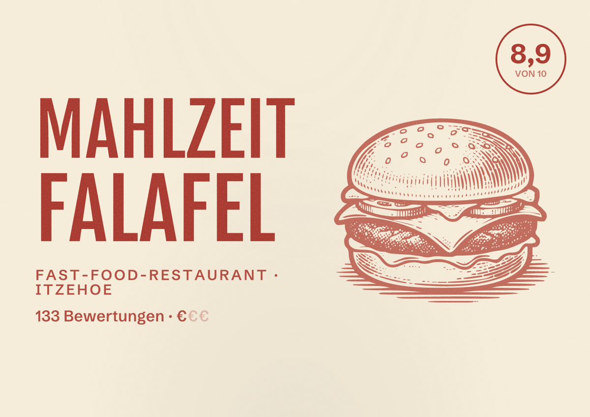 Illustriertes Poster von Mahlzeit Falafel, Fast-Food-Restaurant in Itzehoe: Bewertung 8,9 von 10 aus 133 Bewertungen, Preisniveau €