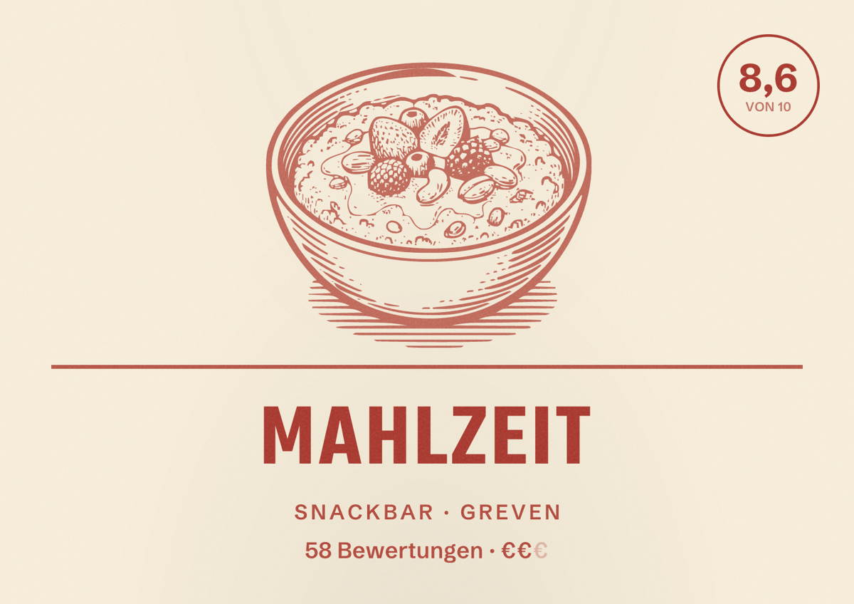 Illustriertes Poster von Mahlzeit, Snackbar in Greven: Bewertung 8,6 von 10 aus 58 Bewertungen, Preisniveau €€