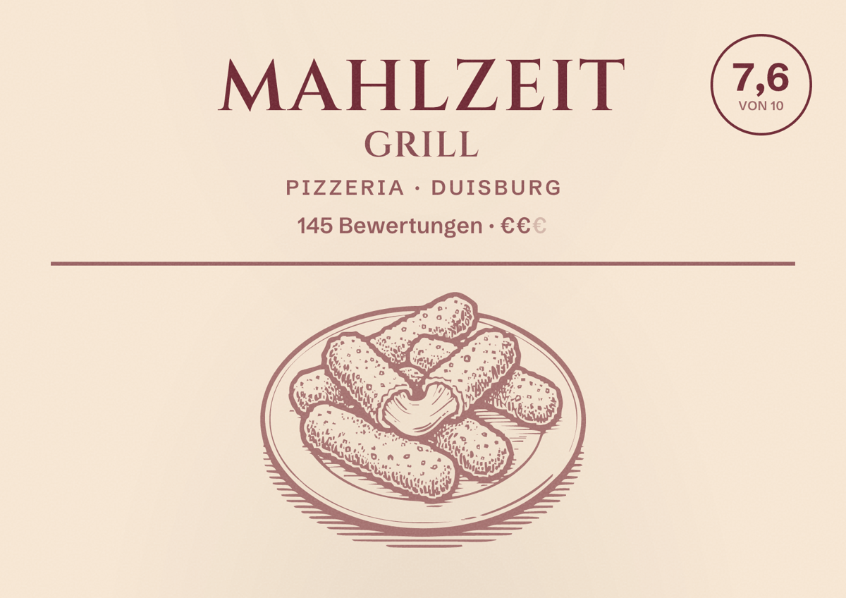 Illustriertes Poster von Mahlzeit Grill, Pizzeria in Duisburg: Gästebewertung 7,6 von 10 aus 145 Bewertungen