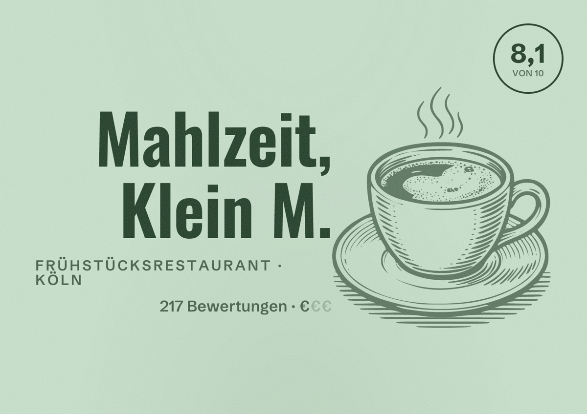 Illustriertes Poster von Mahlzeit, Klein M., Frühstücksrestaurant in Köln: Bewertung 8,1 von 10 aus 217 Bewertungen, Preisniveau €