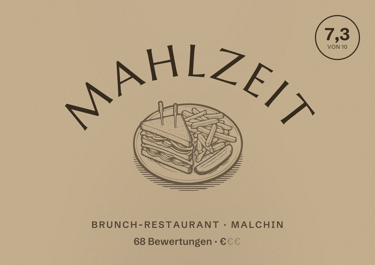 Illustriertes Poster von Mahlzeit, Brunch-Restaurant in Malchin: Bewertung 7,3 von 10 aus 68 Bewertungen, Preisniveau €