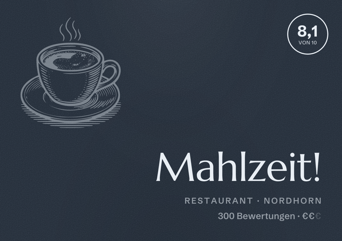 Illustriertes Poster von Mahlzeit!, Restaurant in Nordhorn: Bewertung 8,1 von 10 aus 300 Bewertungen, Preisniveau €€