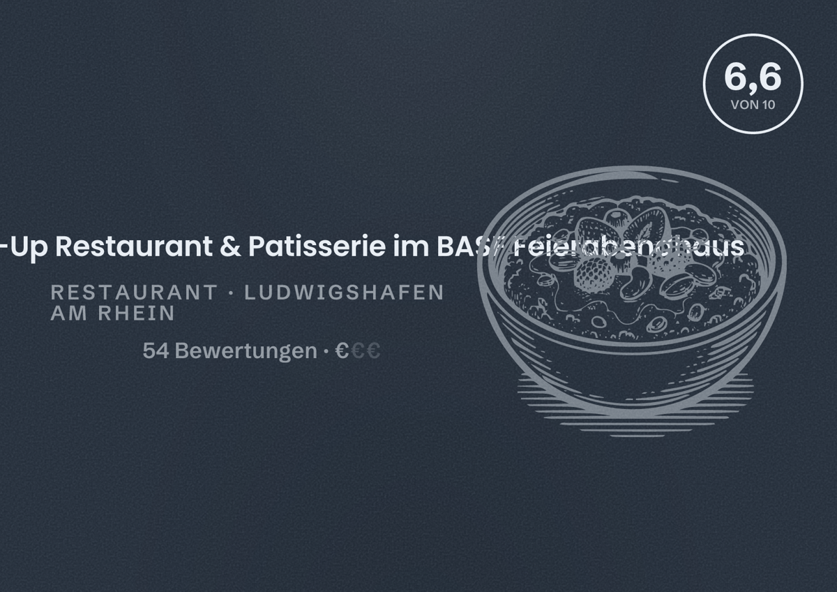 Illustriertes Poster von Ma(h)l:zeit Pop-Up Restaurant & Patisserie im BASF Feierabendhaus, Restaurant in Ludwigshafen am Rhein: Bewertung 6,6 von 10 aus 54 Bewertungen, Preisniveau €