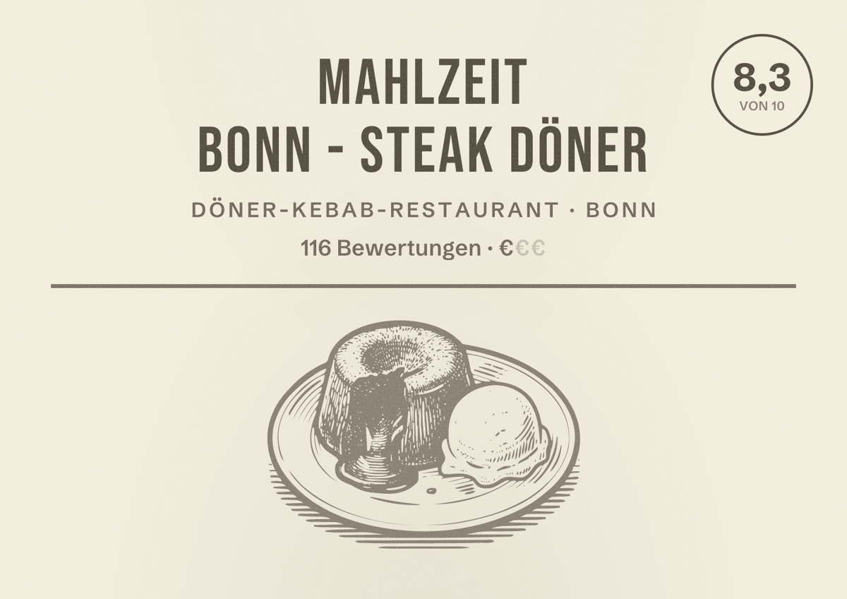 Illustriertes Poster von Mahlzeit Bonn - Steak Döner, Döner-Kebab-Restaurant in Bonn: Bewertung 8,3 von 10 aus 116 Bewertungen, Preisniveau €
