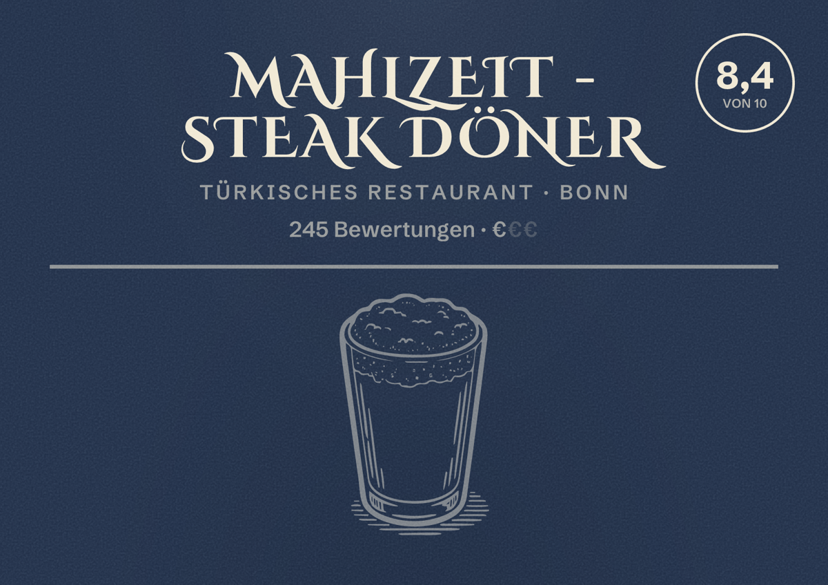 Illustriertes Poster von Mahlzeit - Steak Döner, Türkisches Restaurant in Bonn: Bewertung 8,4 von 10 aus 245 Bewertungen, Preisniveau €