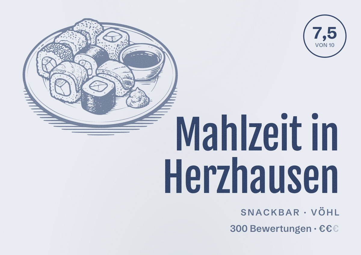 Illustriertes Poster von Mahlzeit in Herzhausen, Snackbar in Vöhl: Bewertung 7,5 von 10 aus 300 Bewertungen, Preisniveau €€