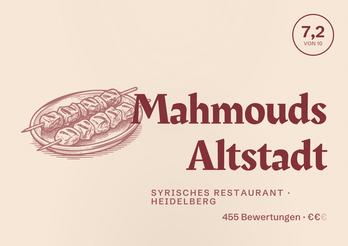 Illustriertes Poster von Mahmouds Altstadt, Syrisches Restaurant in Heidelberg: Bewertung 7,2 von 10 aus 455 Bewertungen, Preisniveau €€