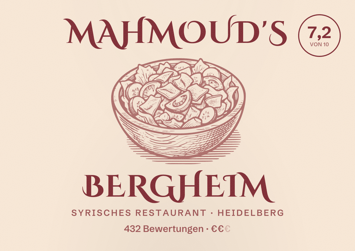Illustriertes Poster von Mahmoud's Bergheim, Syrisches Restaurant in Heidelberg: Bewertung 7,2 von 10 aus 432 Bewertungen, Preisniveau €€