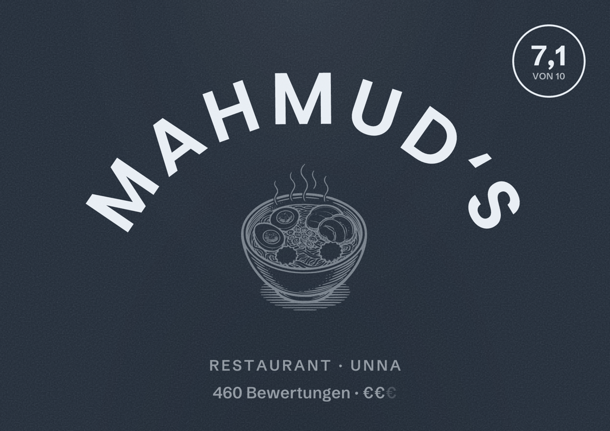 Illustriertes Poster von Mahmud‘s, Restaurant in Unna: Bewertung 7,1 von 10 aus 460 Bewertungen, Preisniveau €€