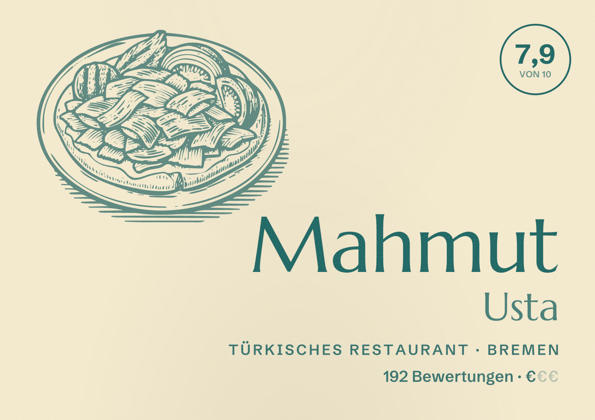 Illustriertes Poster von Mahmut Usta, Türkisches Restaurant in Bremen: Bewertung 7,9 von 10 aus 192 Bewertungen, Preisniveau €