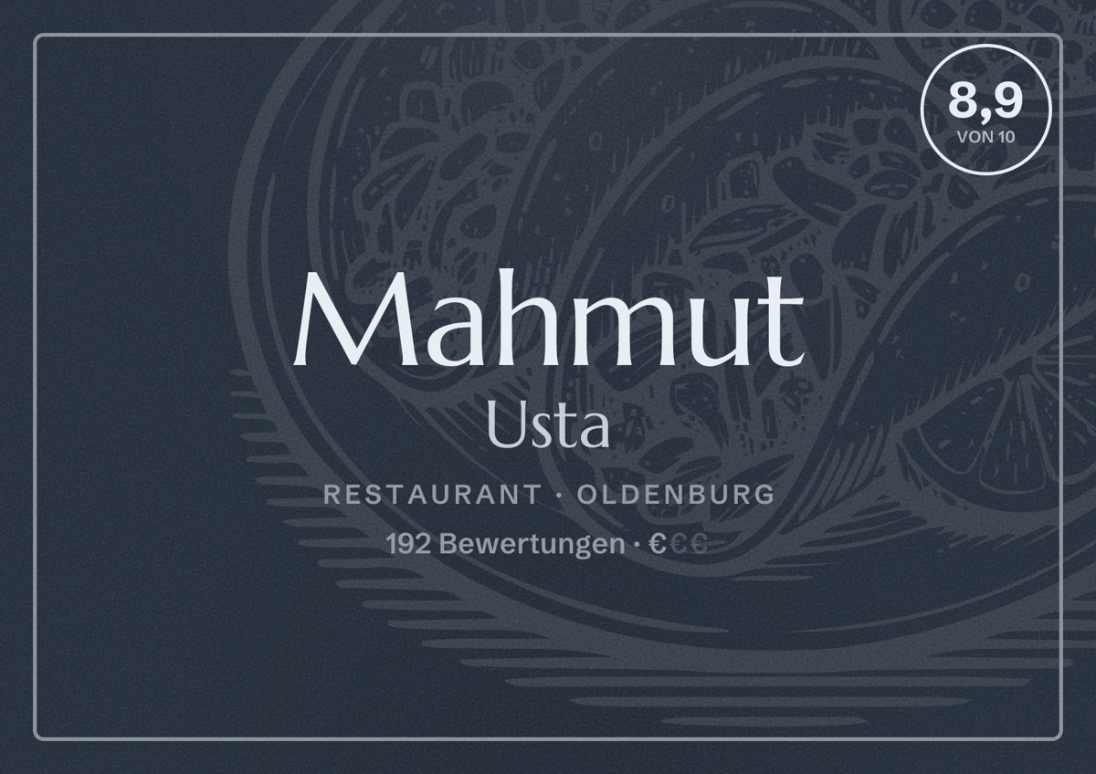 Illustriertes Poster von Mahmut Usta, Restaurant in Oldenburg: Bewertung 8,9 von 10 aus 192 Bewertungen, Preisniveau €
