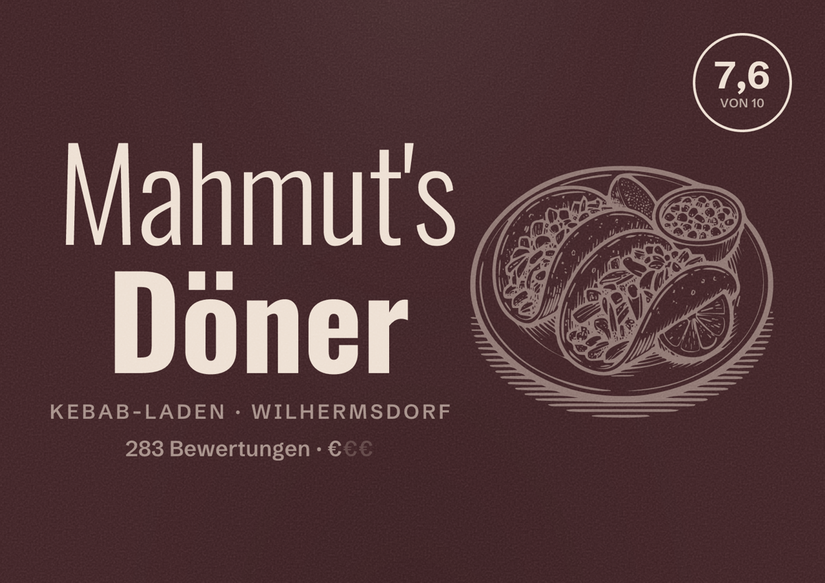 Illustriertes Poster von Mahmut's Döner, Kebab-Laden in Wilhermsdorf: Bewertung 7,6 von 10 aus 283 Bewertungen, Preisniveau €