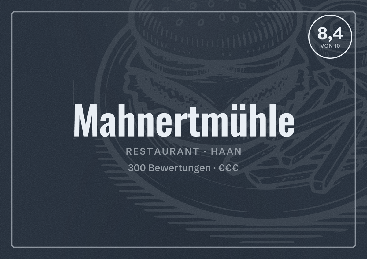 Illustriertes Poster von Mahnertmühle, Restaurant in Haan: Bewertung 8,4 von 10 aus 300 Bewertungen, Preisniveau €€€