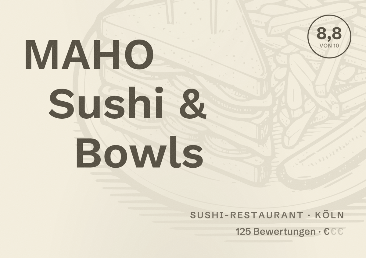 Illustriertes Poster von MAHO Sushi & Bowls, Sushi-Restaurant in Köln: Bewertung 8,8 von 10 aus 125 Bewertungen, Preisniveau €