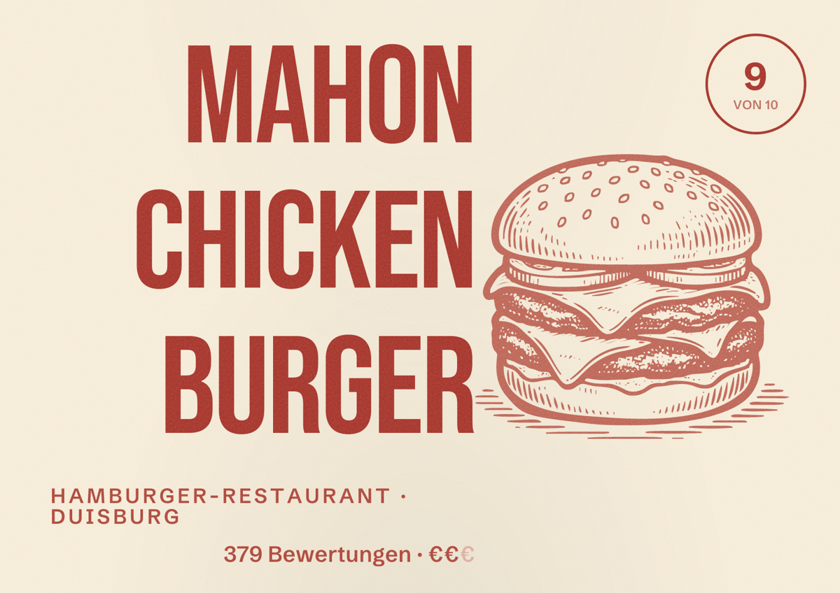 Illustriertes Poster von Mahon Chicken Burger, Hamburger-Restaurant in Duisburg: Bewertung 9 von 10 aus 379 Bewertungen, Preisniveau €€