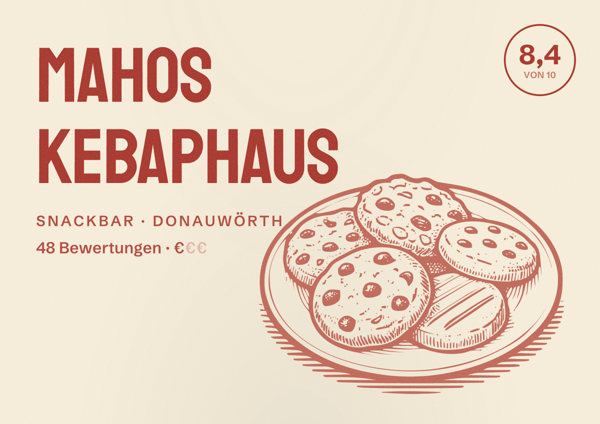 Illustriertes Poster von Mahos Kebaphaus, Snackbar in Donauwörth: Bewertung 8,4 von 10 aus 48 Bewertungen, Preisniveau €