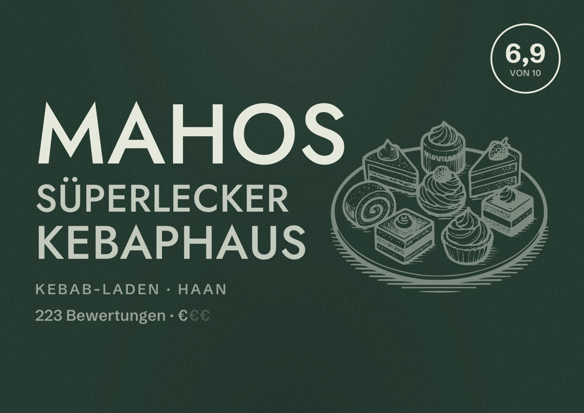 Illustriertes Poster von Mahos Süperlecker Kebaphaus, Kebab-Laden in Haan: Bewertung 6,9 von 10 aus 223 Bewertungen, Preisniveau €