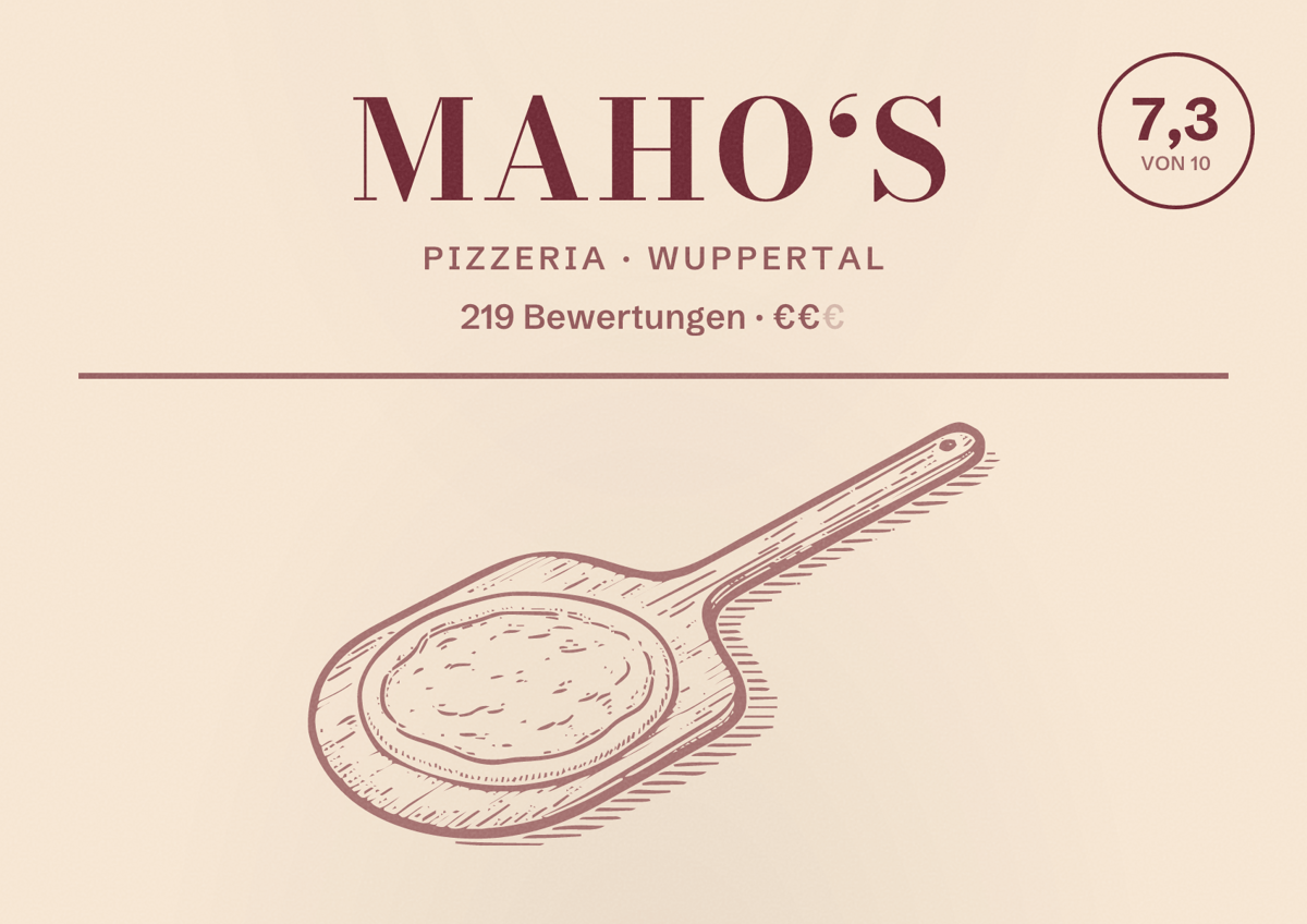 Illustriertes Poster von Maho‘s, Pizzeria in Wuppertal: Bewertung 7,3 von 10 aus 219 Bewertungen, Preisniveau €€