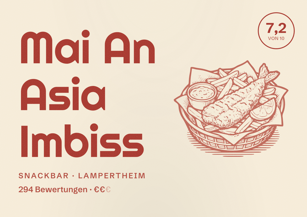 Illustriertes Poster von Mai An Asia Imbiss, Snackbar in Lampertheim: Bewertung 7,2 von 10 aus 294 Bewertungen, Preisniveau €€