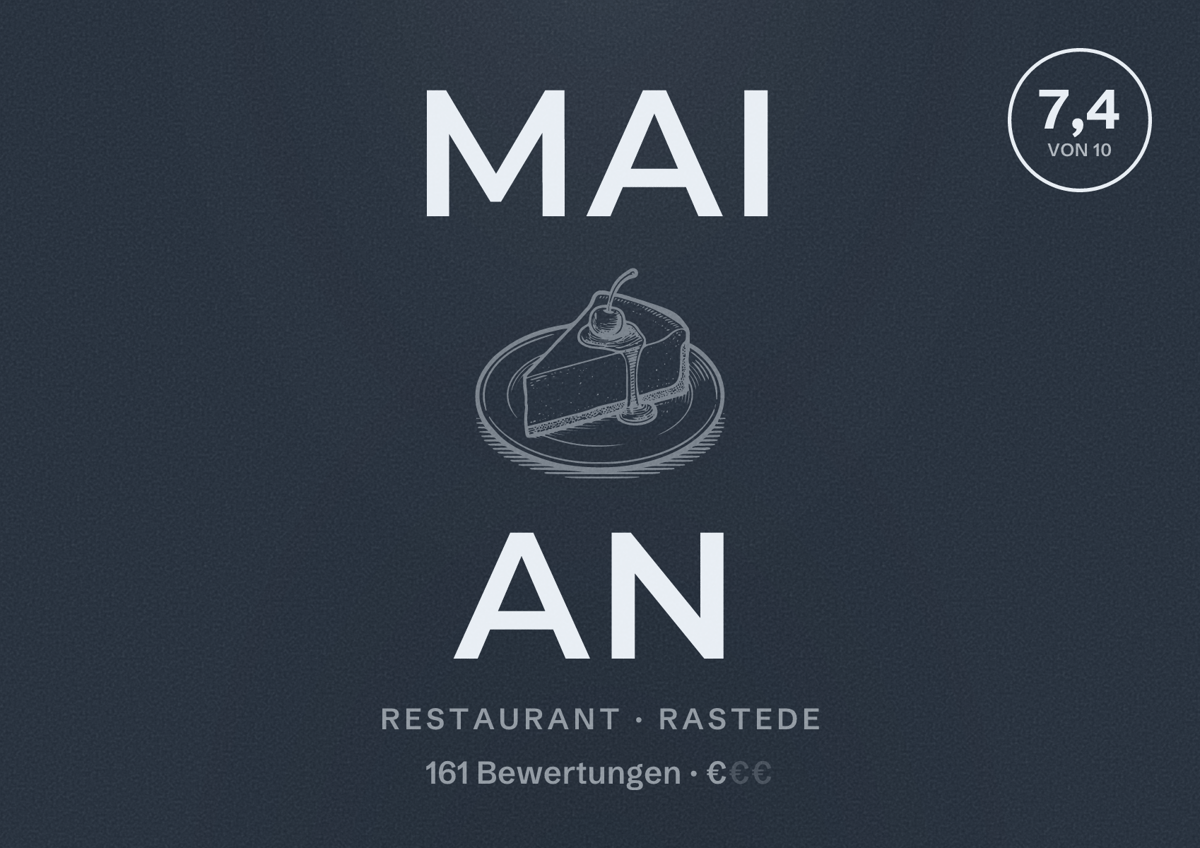 Illustriertes Poster von Mai An, Restaurant in Rastede: Bewertung 7,4 von 10 aus 161 Bewertungen, Preisniveau €