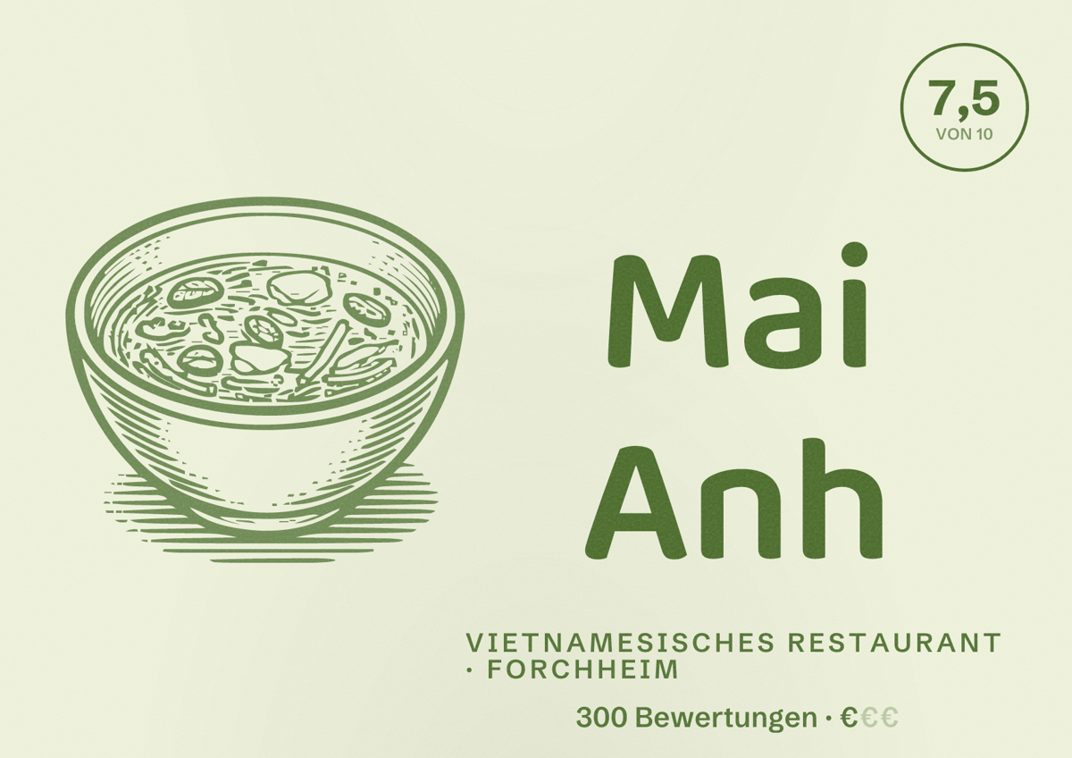 Illustriertes Poster von Mai Anh, Vietnamesisches Restaurant in Forchheim: Bewertung 7,5 von 10 aus 300 Bewertungen, Preisniveau €