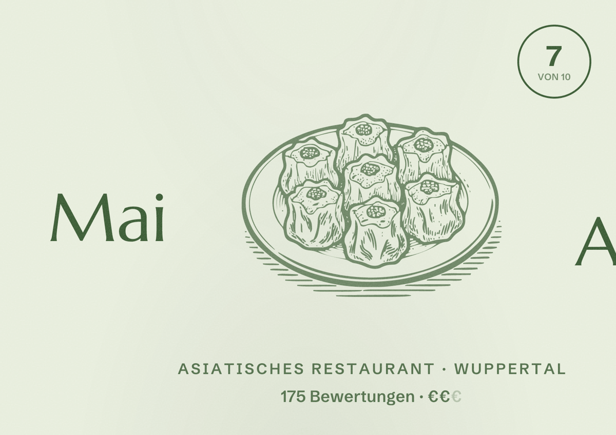 Illustriertes Poster von Mai Anh, Asiatisches Restaurant in Wuppertal: Bewertung 7 von 10 aus 175 Bewertungen, Preisniveau €€
