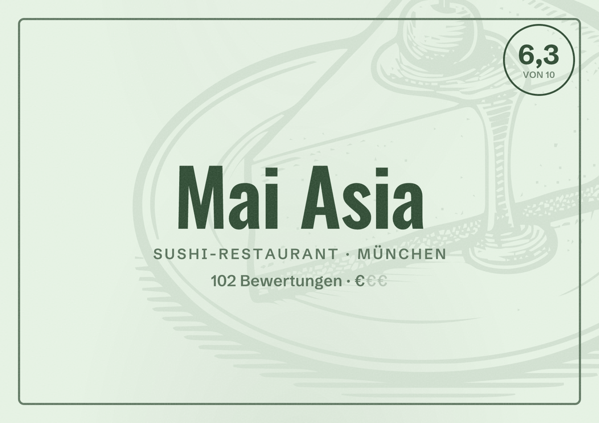 Illustriertes Poster von Mai Asia, Sushi-Restaurant in München: Bewertung 6,3 von 10 aus 102 Bewertungen, Preisniveau €
