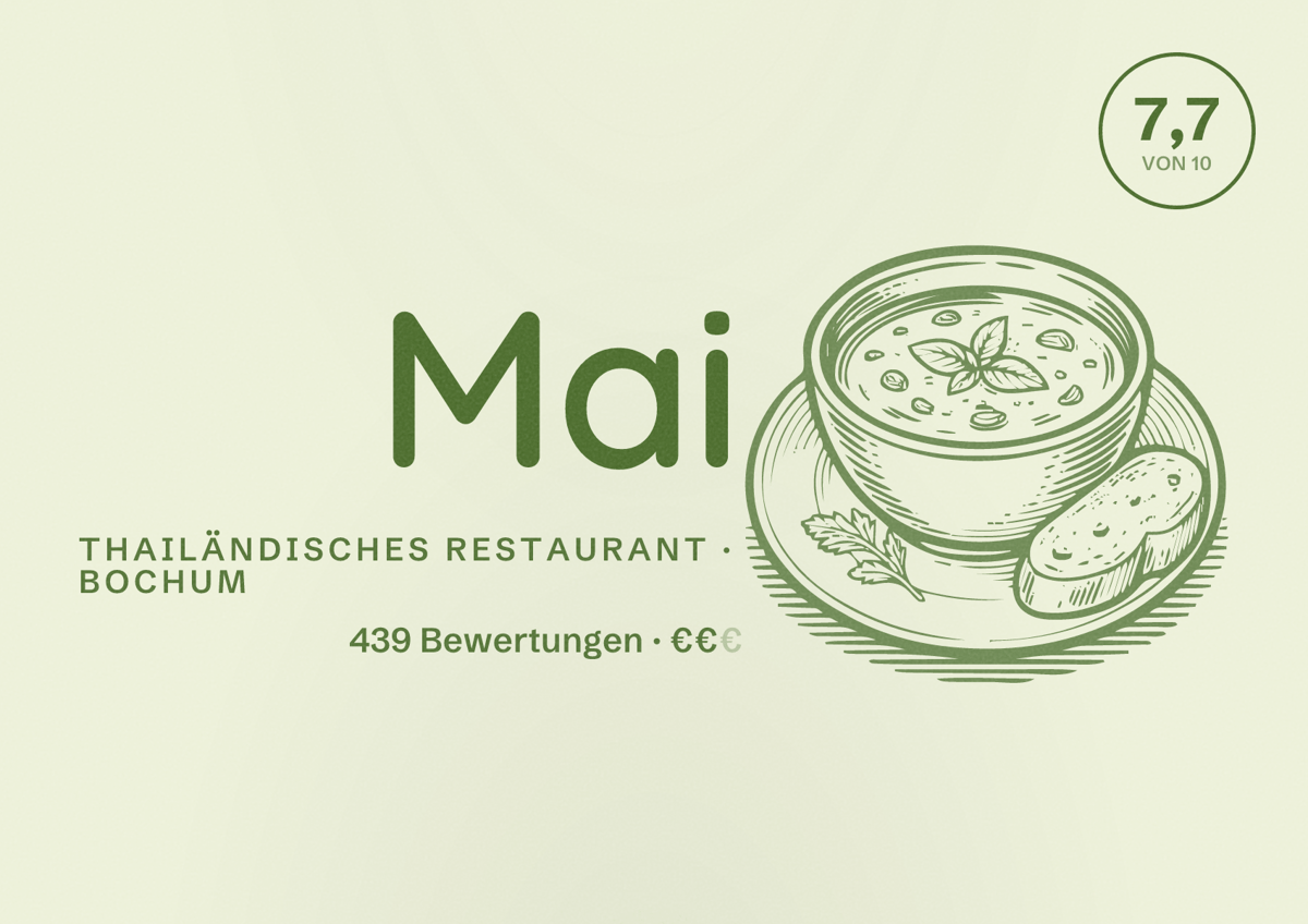Illustriertes Poster von Mai, Thailändisches Restaurant in Bochum: Bewertung 7,7 von 10 aus 439 Bewertungen, Preisniveau €€