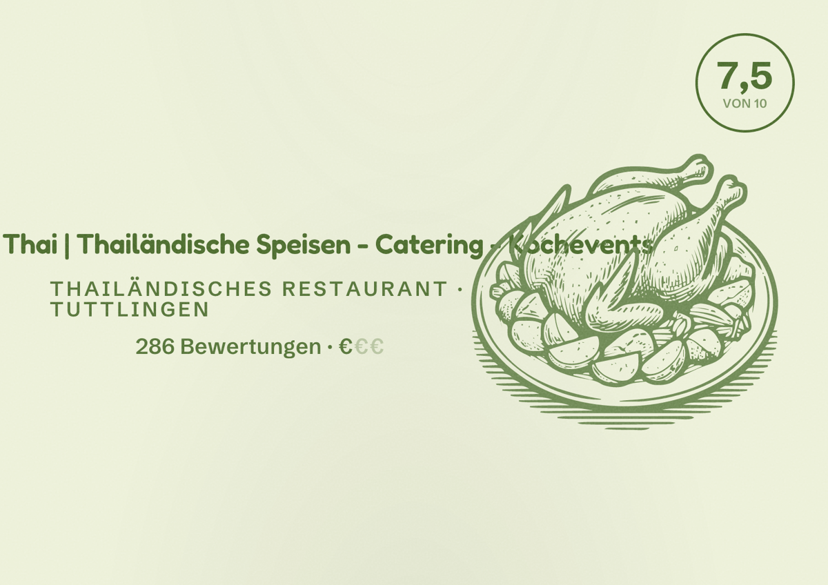 Illustriertes Poster von Mai Chang Thai | Thailändische Speisen - Catering - Kochevents, Thailändisches Restaurant in Tuttlingen: Bewertung 7,5 von 10 aus 286 Bewertungen, Preisniveau €