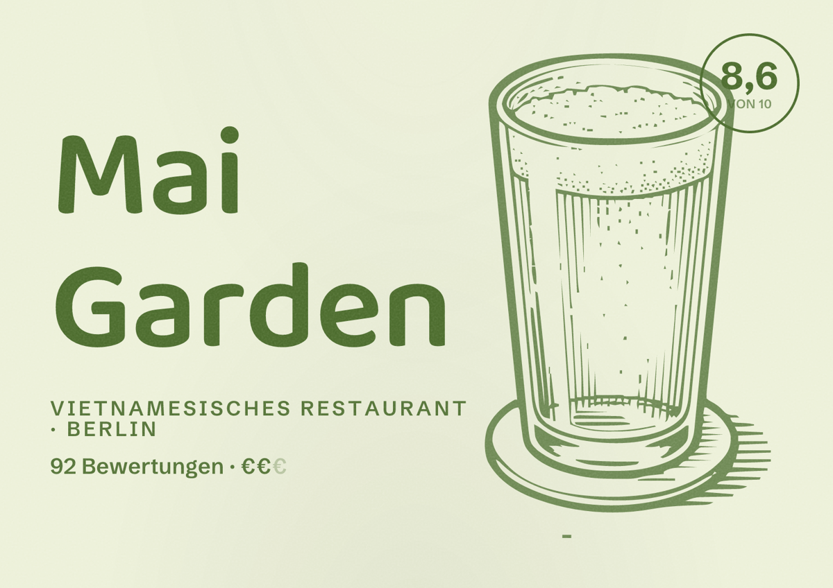 Illustriertes Poster von Mai Garden, Vietnamesisches Restaurant in Berlin: Bewertung 8,6 von 10 aus 92 Bewertungen, Preisniveau €€