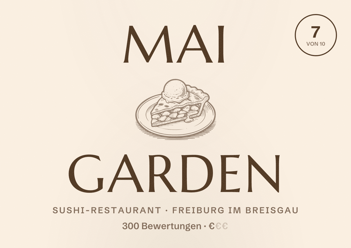 Illustriertes Poster von Mai Garden, Sushi-Restaurant in Freiburg im Breisgau: Bewertung 7,0 von 10 aus 300 Bewertungen, Preisniveau €