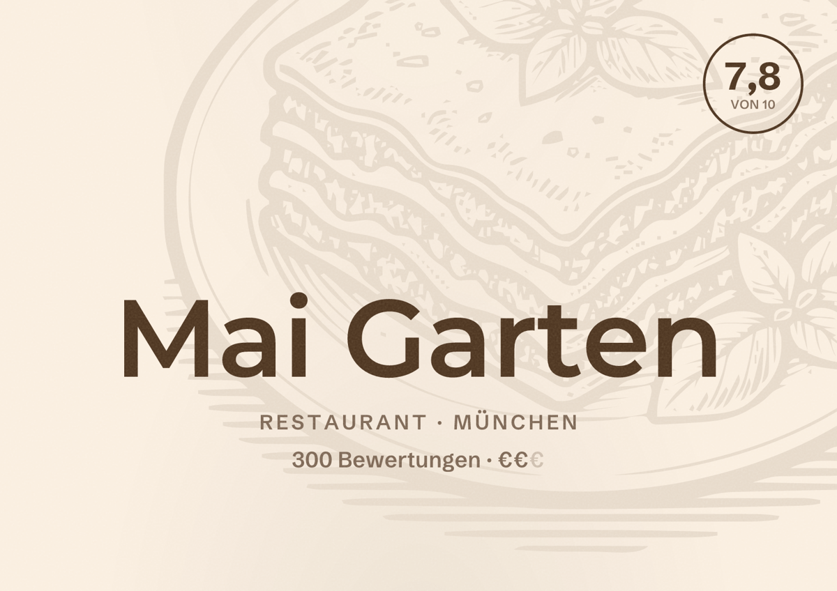 Illustriertes Poster von Mai Garten, Restaurant in München: Bewertung 7,8 von 10 aus 300 Bewertungen, Preisniveau €€