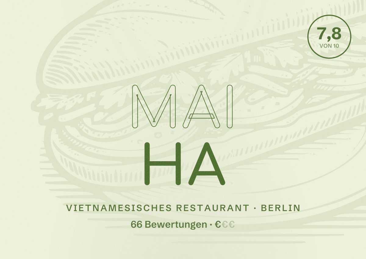 Illustriertes Poster von Mai Ha, Vietnamesisches Restaurant in Berlin: Bewertung 7,8 von 10 aus 66 Bewertungen, Preisniveau €