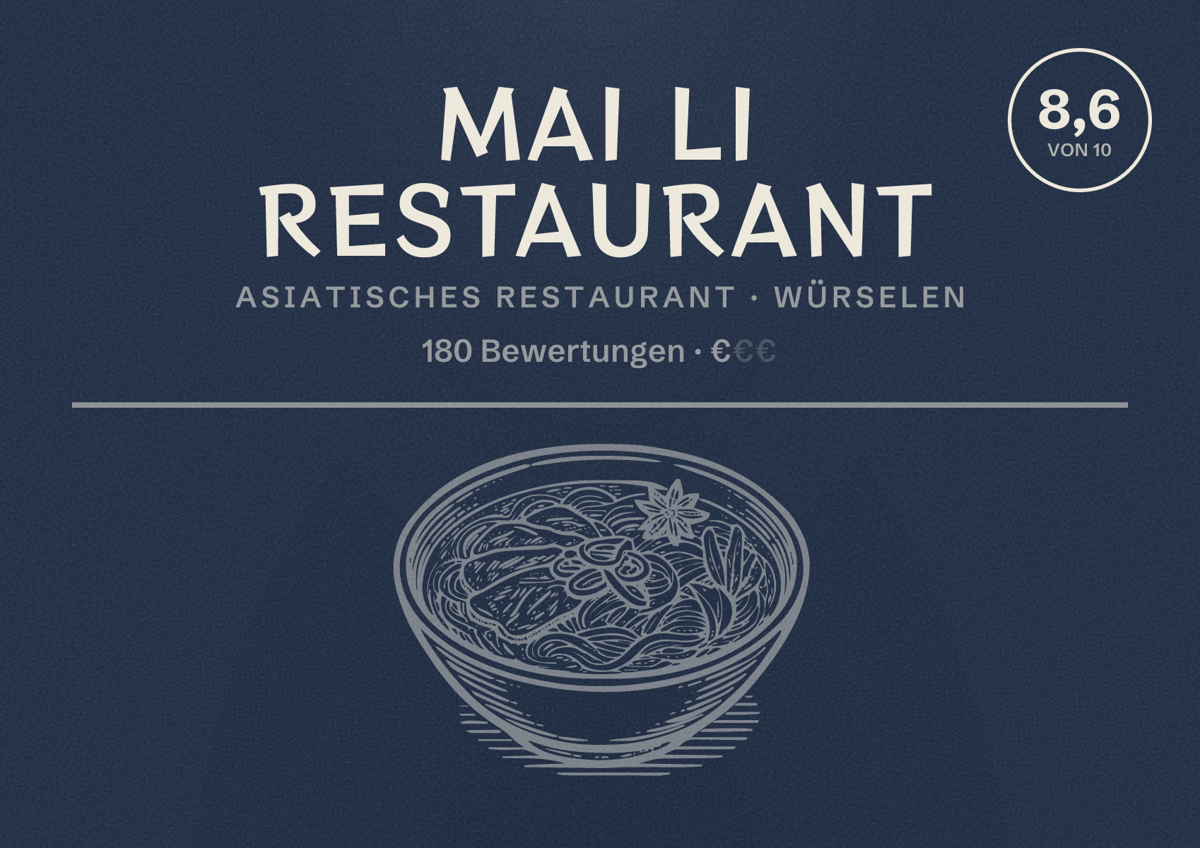 Illustriertes Poster von Mai Li Restaurant, Asiatisches Restaurant in Würselen: Bewertung 8,6 von 10 aus 180 Bewertungen, Preisniveau €