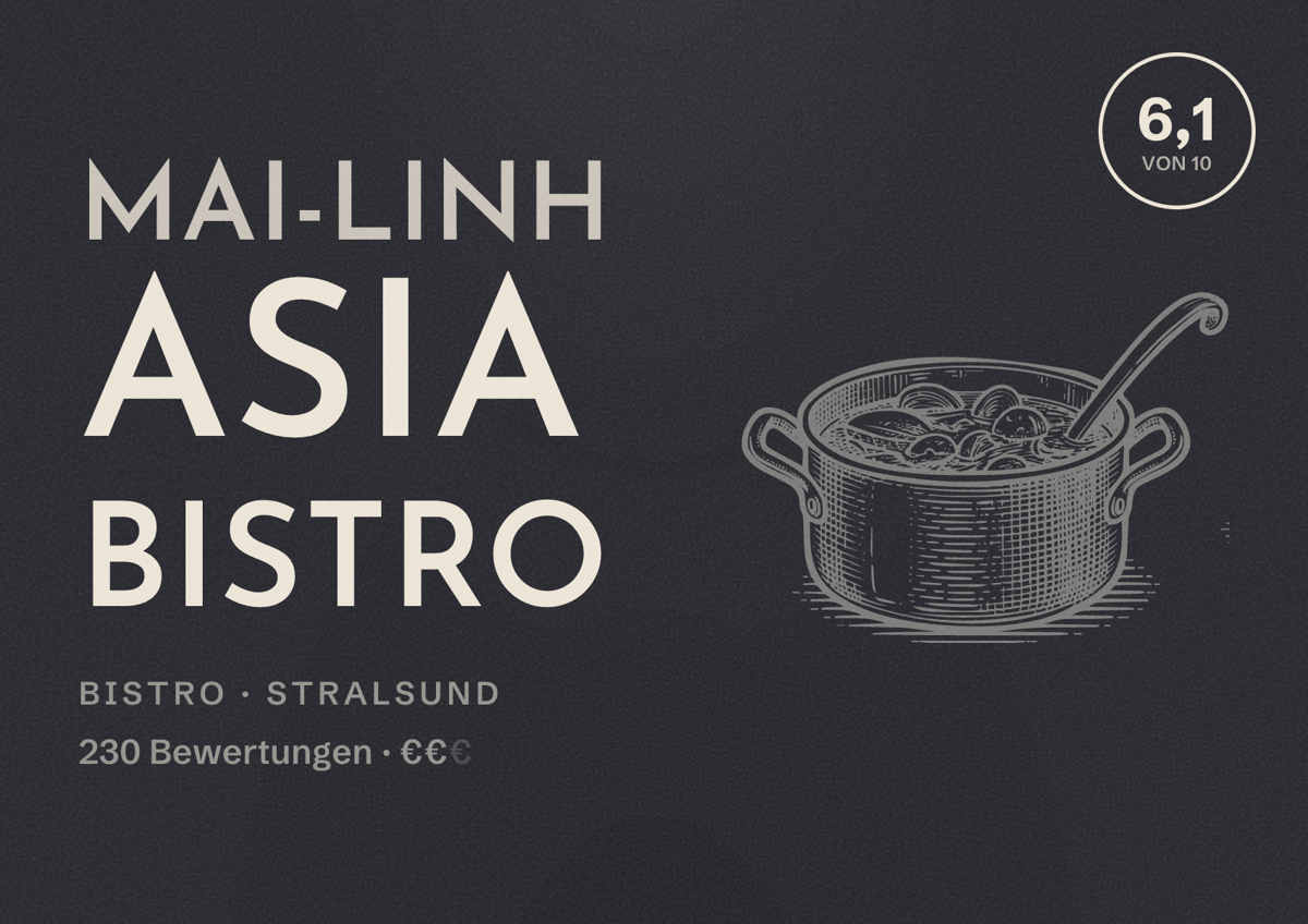 Illustriertes Poster von Mai-Linh Asia Bistro, Bistro in Stralsund: Bewertung 6,1 von 10 aus 230 Bewertungen, Preisniveau €€