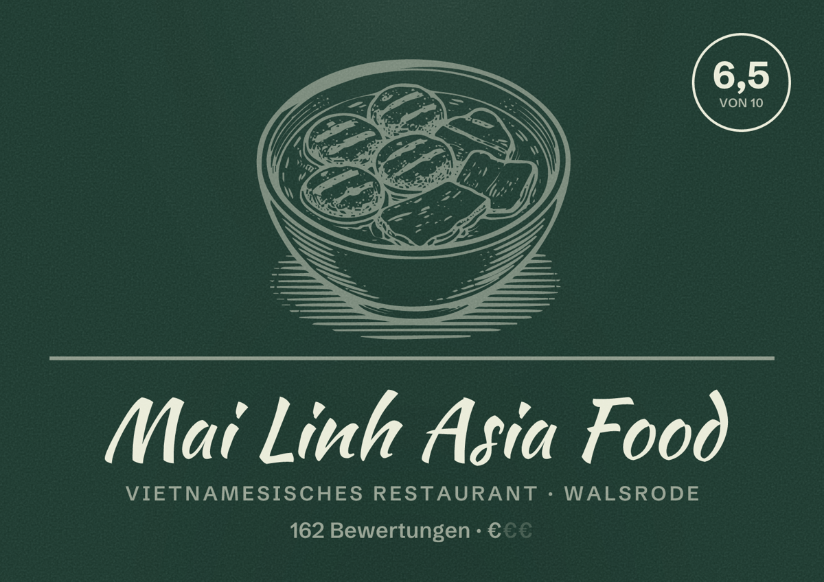 Illustriertes Poster von Mai Linh Asia Food, Vietnamesisches Restaurant in Walsrode: Bewertung 6,5 von 10 aus 162 Bewertungen, Preisniveau €