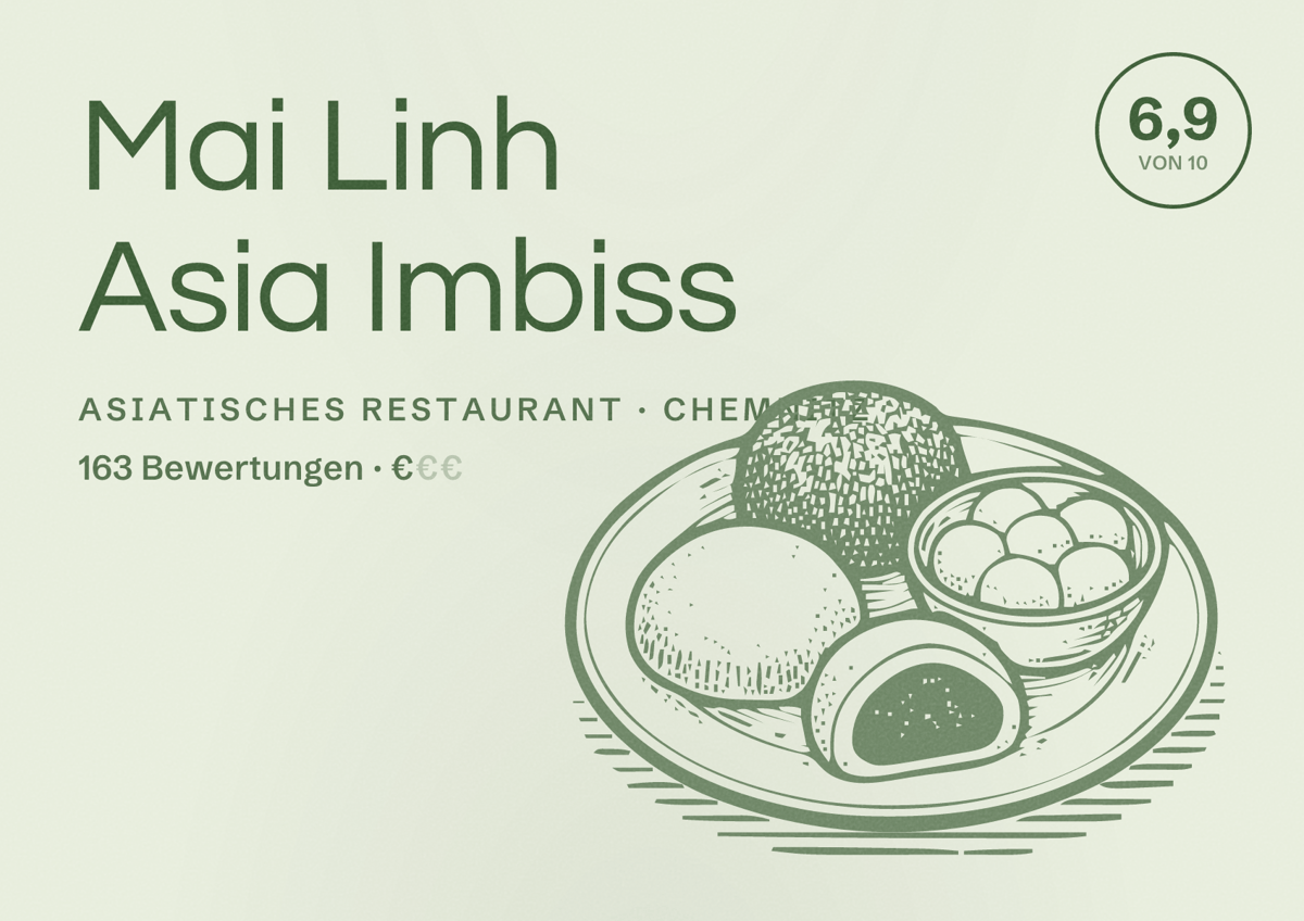 Illustriertes Poster von Mai Linh Asia Imbiss, Asiatisches Restaurant in Chemnitz: Bewertung 6,9 von 10 aus 163 Bewertungen, Preisniveau €
