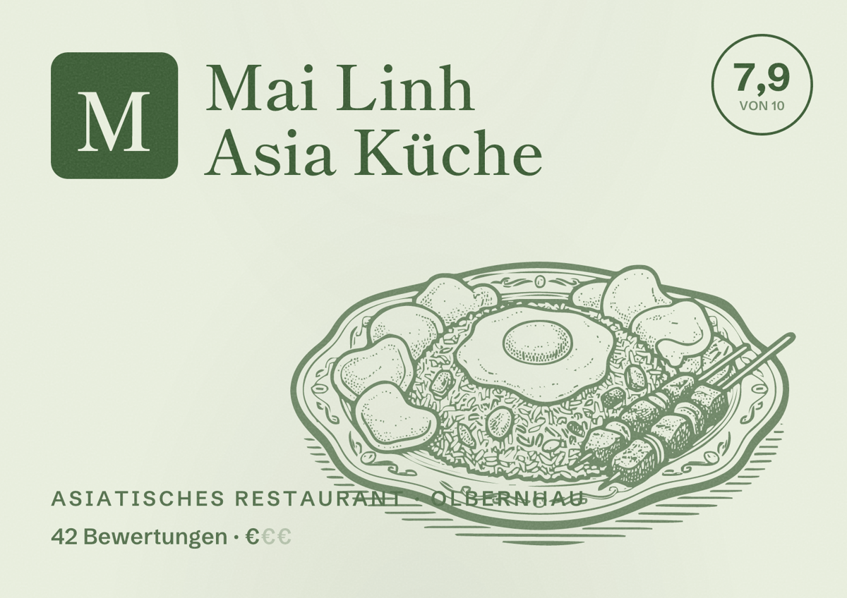 Illustriertes Poster von Mai Linh Asia Küche, Asiatisches Restaurant in Olbernhau: Bewertung 7,9 von 10 aus 42 Bewertungen, Preisniveau €