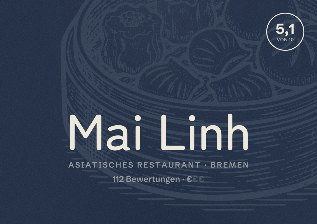 Illustriertes Poster von Mai Linh, Asiatisches Restaurant in Bremen: Bewertung 5,1 von 10 aus 112 Bewertungen, Preisniveau €