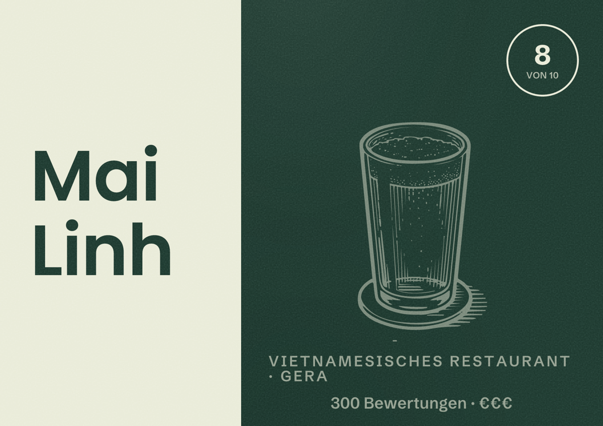 Illustriertes Poster von Mai Linh, Vietnamesisches Restaurant in Gera: Bewertung 8 von 10 aus 300 Bewertungen, Preisniveau €€€