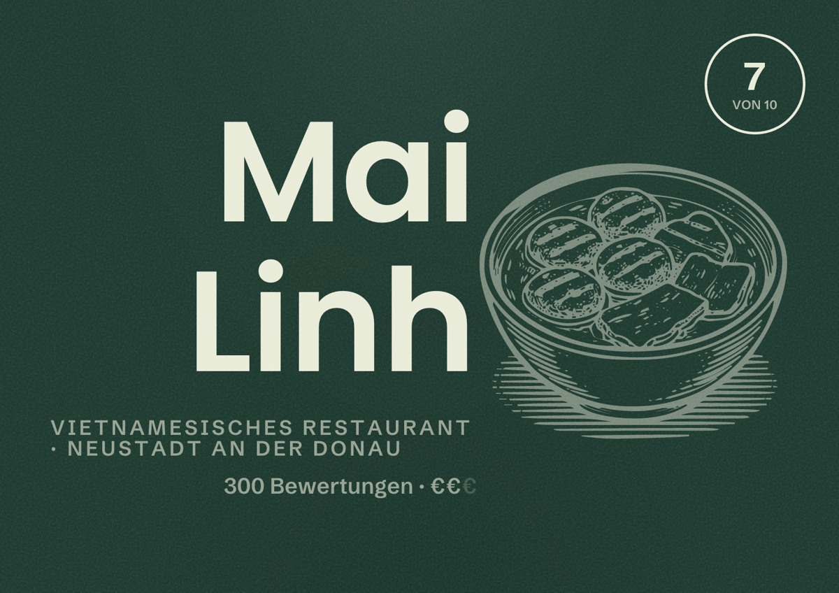 Illustriertes Poster von Mai Linh, Vietnamesisches Restaurant in Neustadt an der Donau: Bewertung 7 von 10 aus 300 Bewertungen, Preisniveau €€